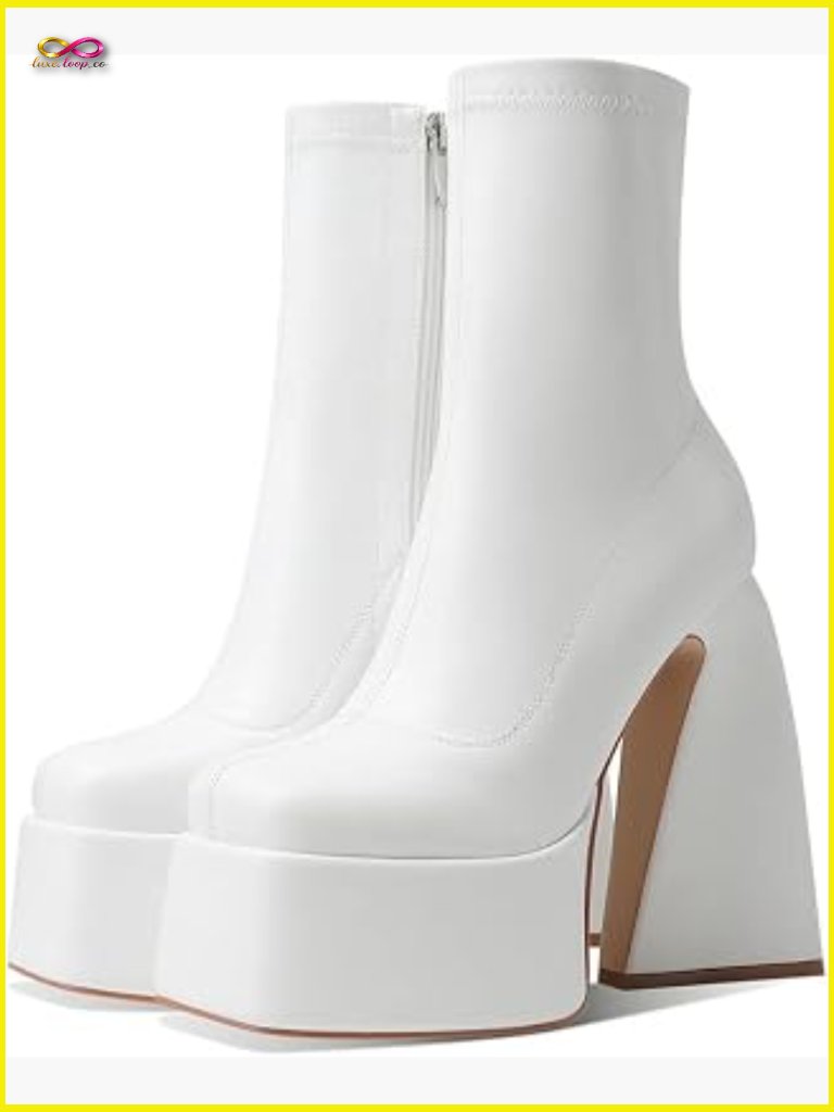 Mid Calf Chunky High Heel Platform Booties Square Toe Side Zip Ankle Boots